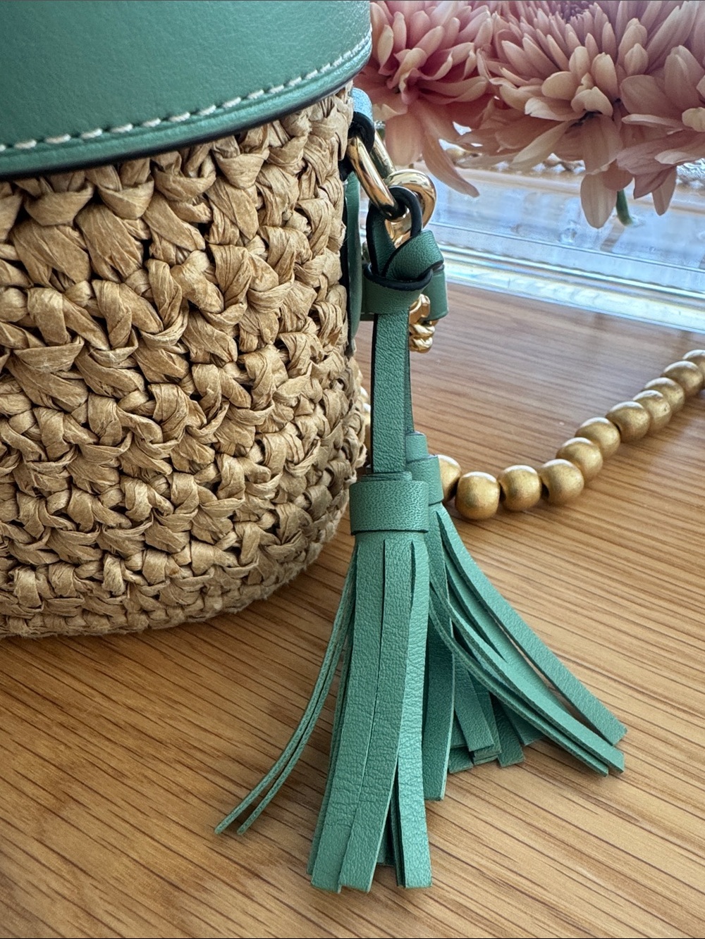 Coach Straw Crossbody with Green Leather Trim and Gold Hardware - Picture 2 of 7